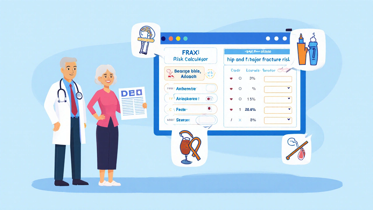 A woman and doctor reviewing a DEXA report with FRAX risk factors shown as icons around them.