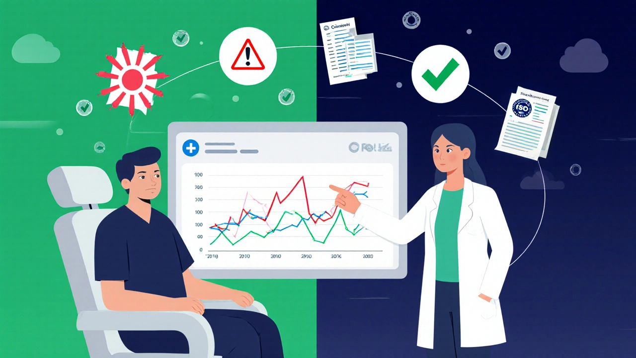 Clinical pharmacologist explaining tacrolimus trends to patient using EHR with safety seals