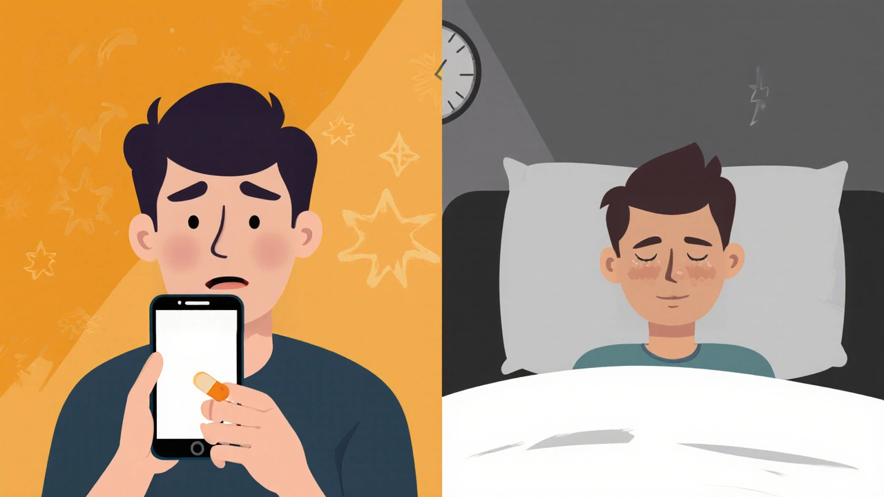 Contrasting images of taking too much melatonin at night with screen light vs. correct low dose in darkness.