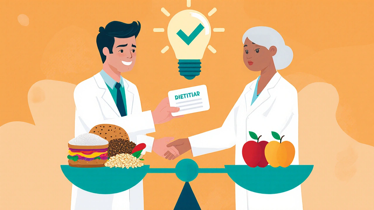 Doctor giving dietitian referral as healthy and unhealthy foods balance on a scale