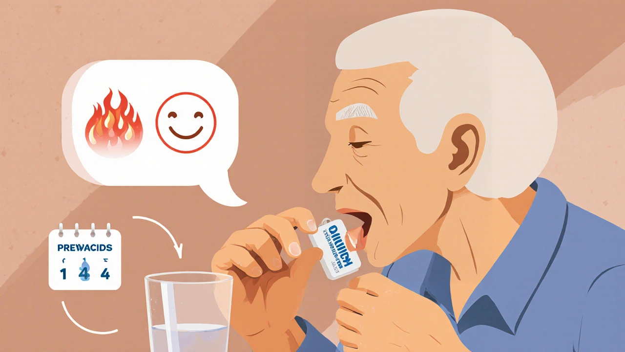 Elderly person taking a dissolving Prevacid tablet with calming stomach icon