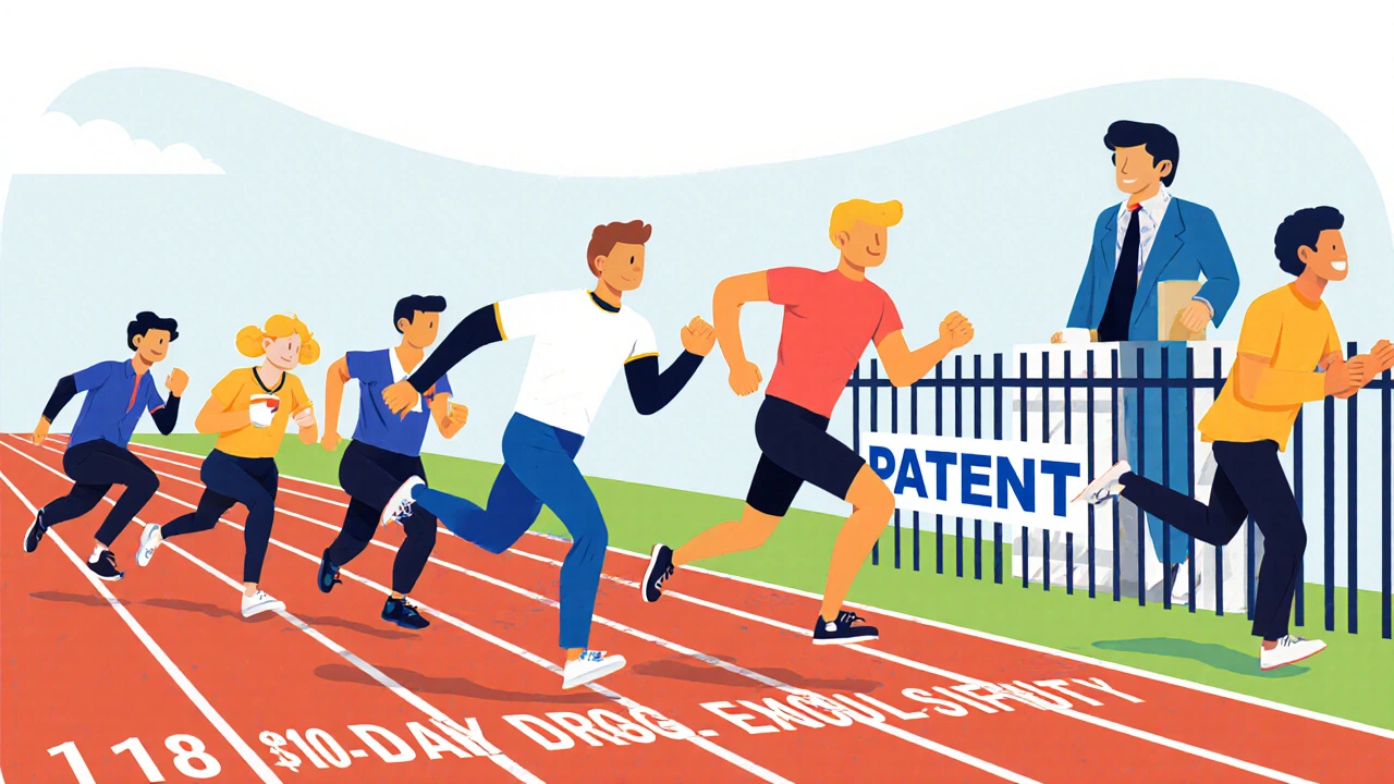 Generic drug companies racing toward a finish line marked &#039;180-Day Exclusivity&#039; under a patent fence.