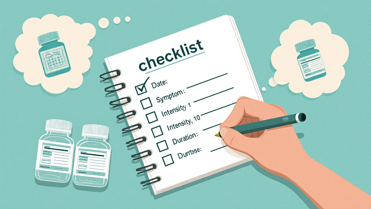 Hand writing symptom log next to labeled pill bottles in a clinic setting.