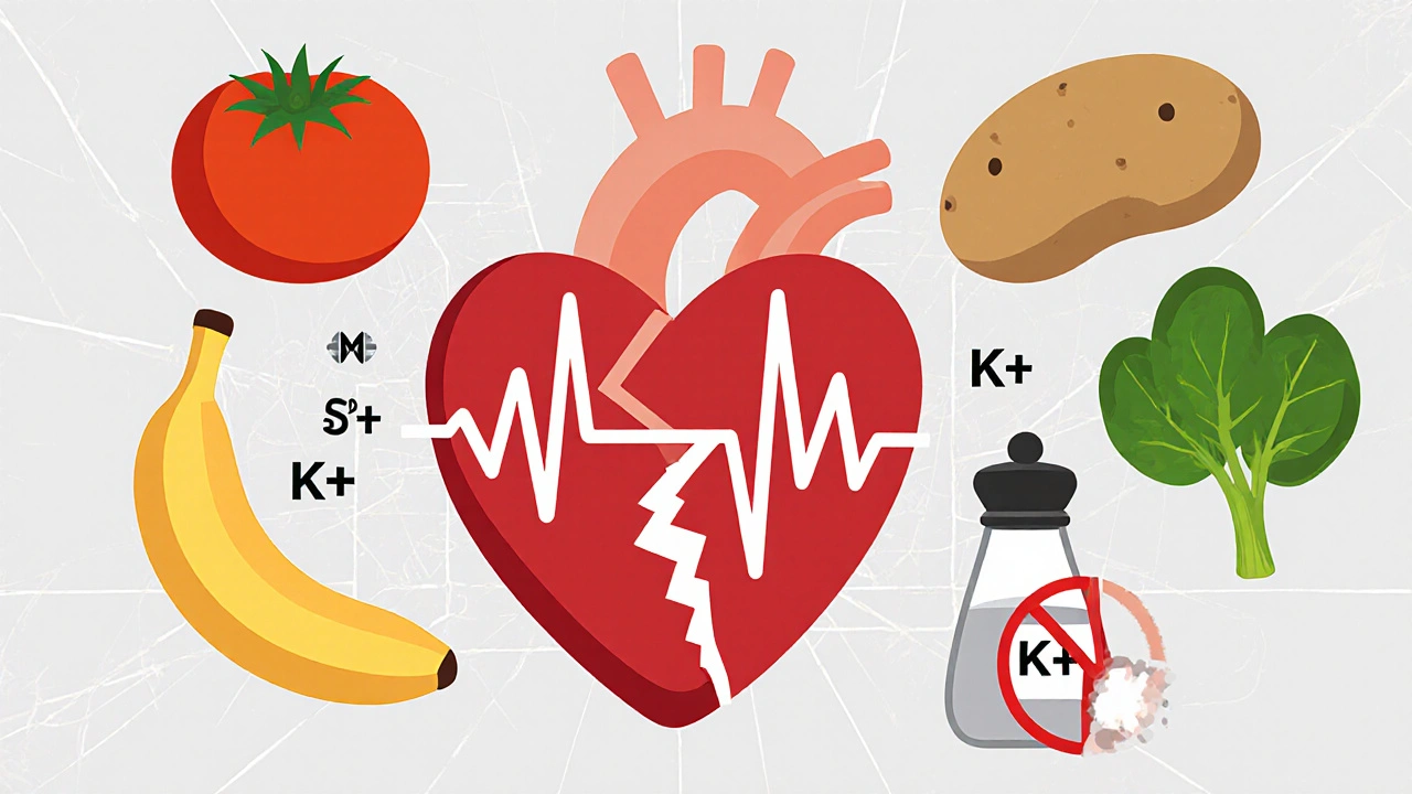 Heart with ECG spikes surrounded by high-potassium foods and ions