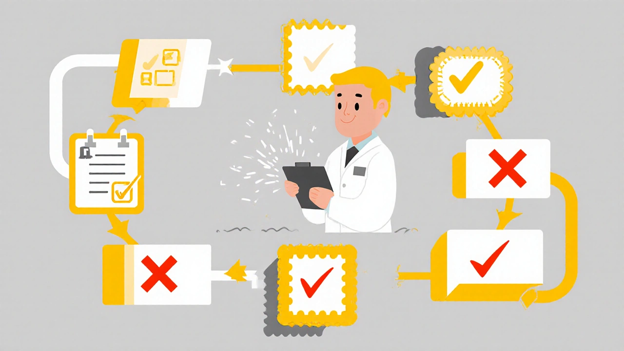 Lab verification process illustrated as a step-by-step flat design flowchart with approval checkmark