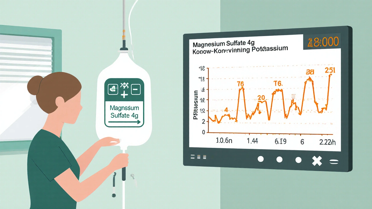 Nurse administering magnesium IV while monitors display electrolyte levels and rebound timing checkpoints.