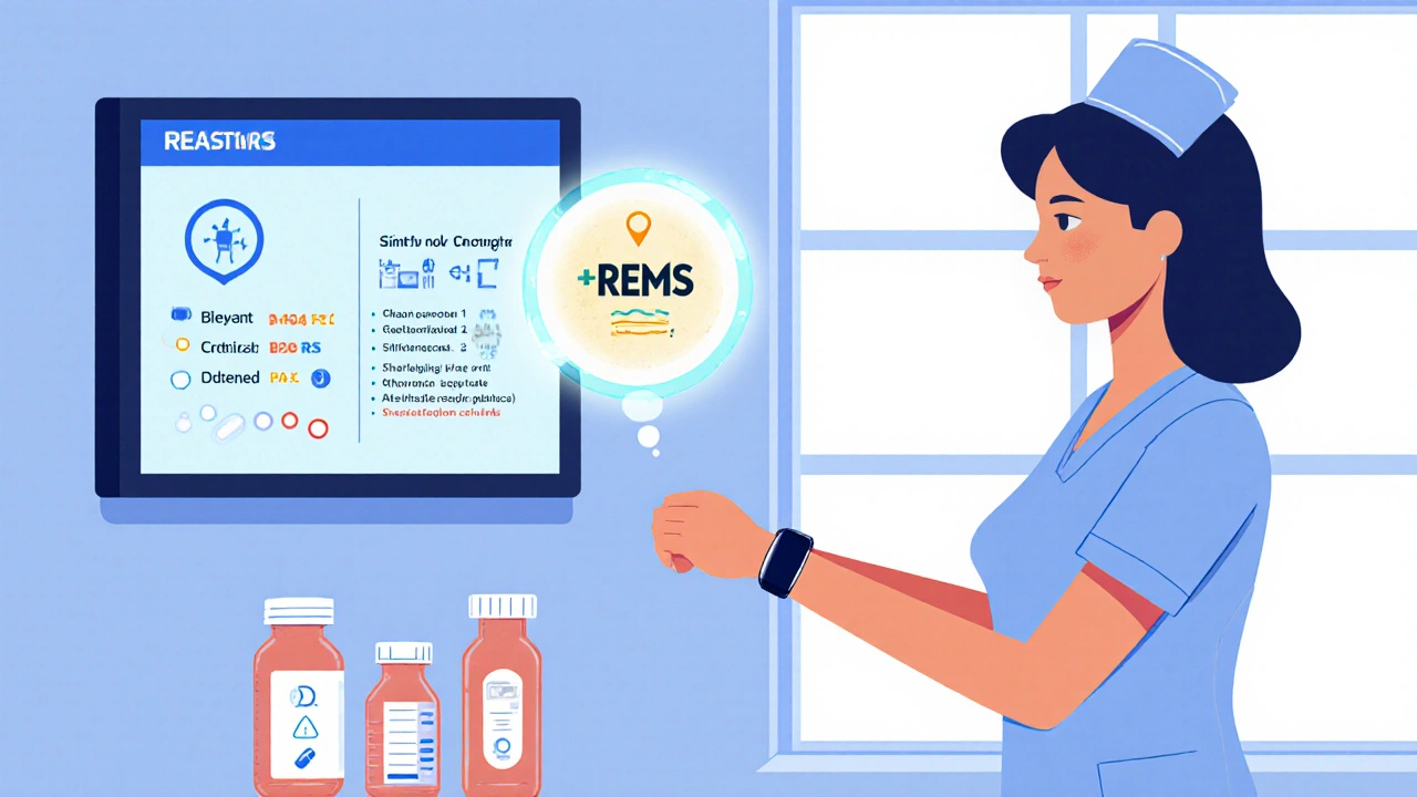 Nurse scanning a patient’s wristband in a smart clinic, with real-time safety data displayed on a monitor and a &#039;REMS Lite&#039; icon for simplified drugs.