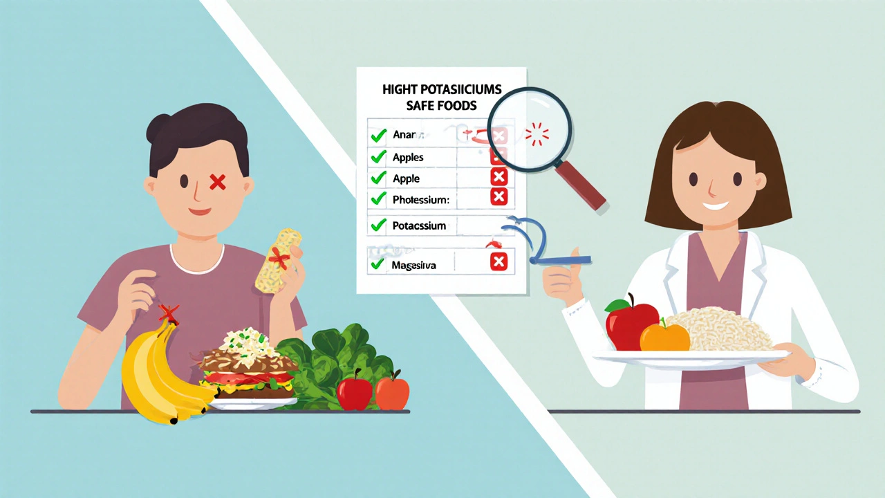 Patient avoiding high-potassium foods on one side, eating safe renal diet foods on the other with lab results.