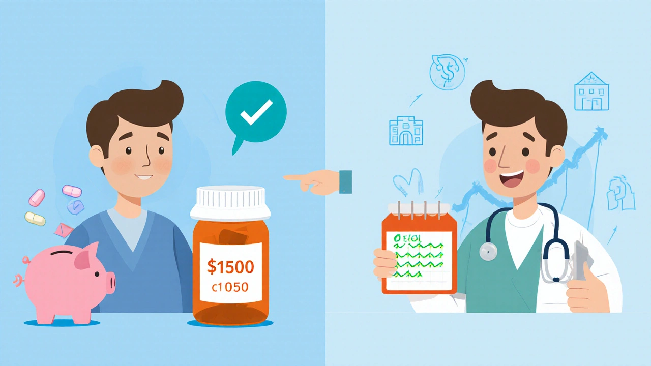 Patient comparing expensive brand-name pill to affordable generic with improved health outcomes