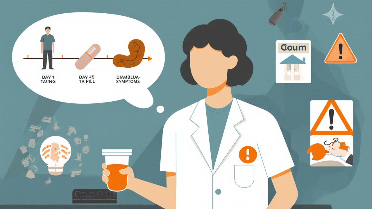 Patient in doctor’s office with timeline showing C. difficile symptoms appearing weeks after antibiotic use.