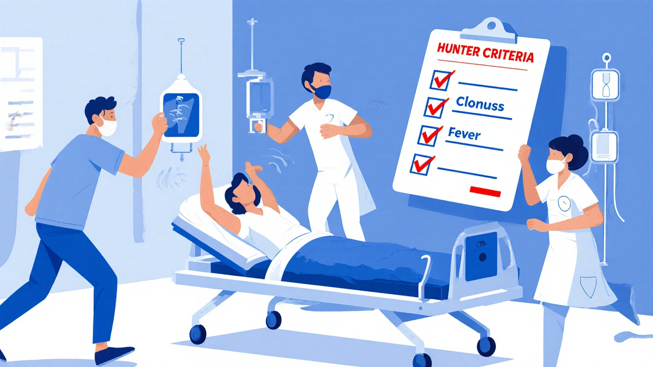 Patient in ER with muscle spasms, medical staff administering treatment, Hunter Criteria checklist visible.