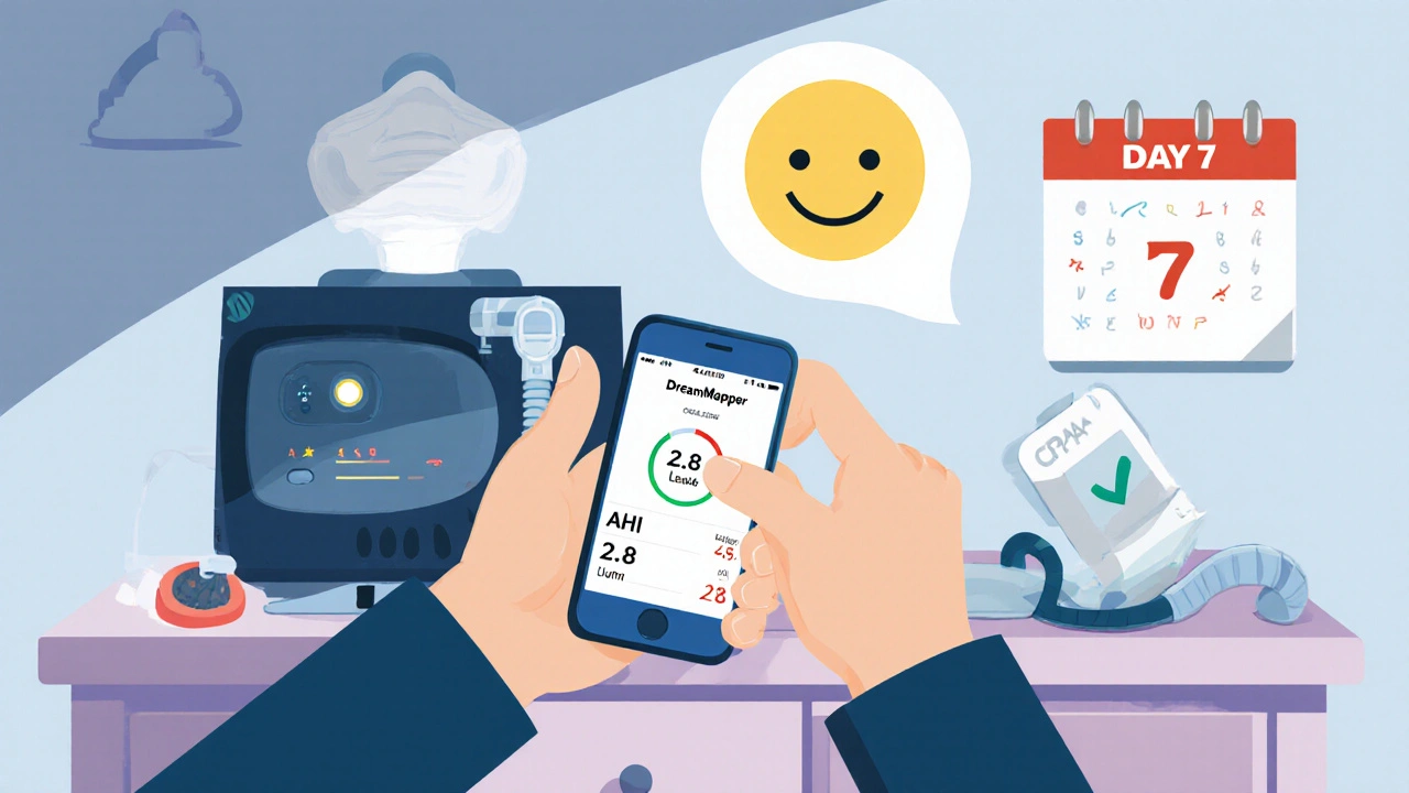 Person checking CPAP app showing low leak and AHI, clean equipment on nightstand, peaceful bedroom.