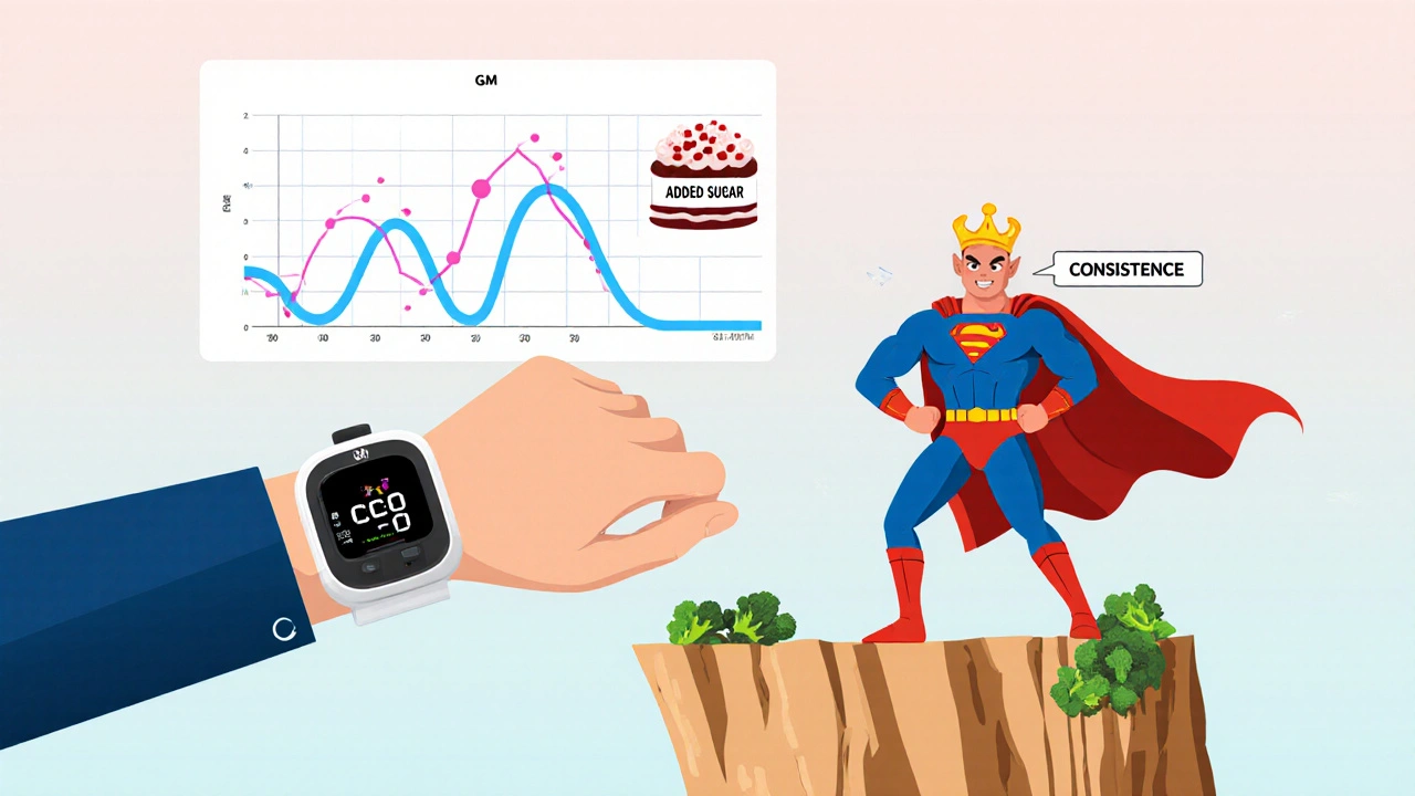 Person with glucose monitor showing blood sugar spikes from cake versus steady levels from vegetables