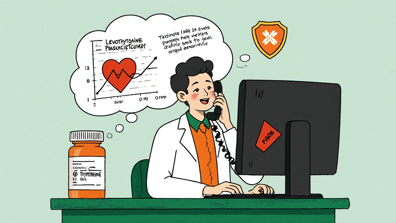 Pharmacist filing a safety report while holding a flagged medication bottle and a chart showing improved patient lab results.