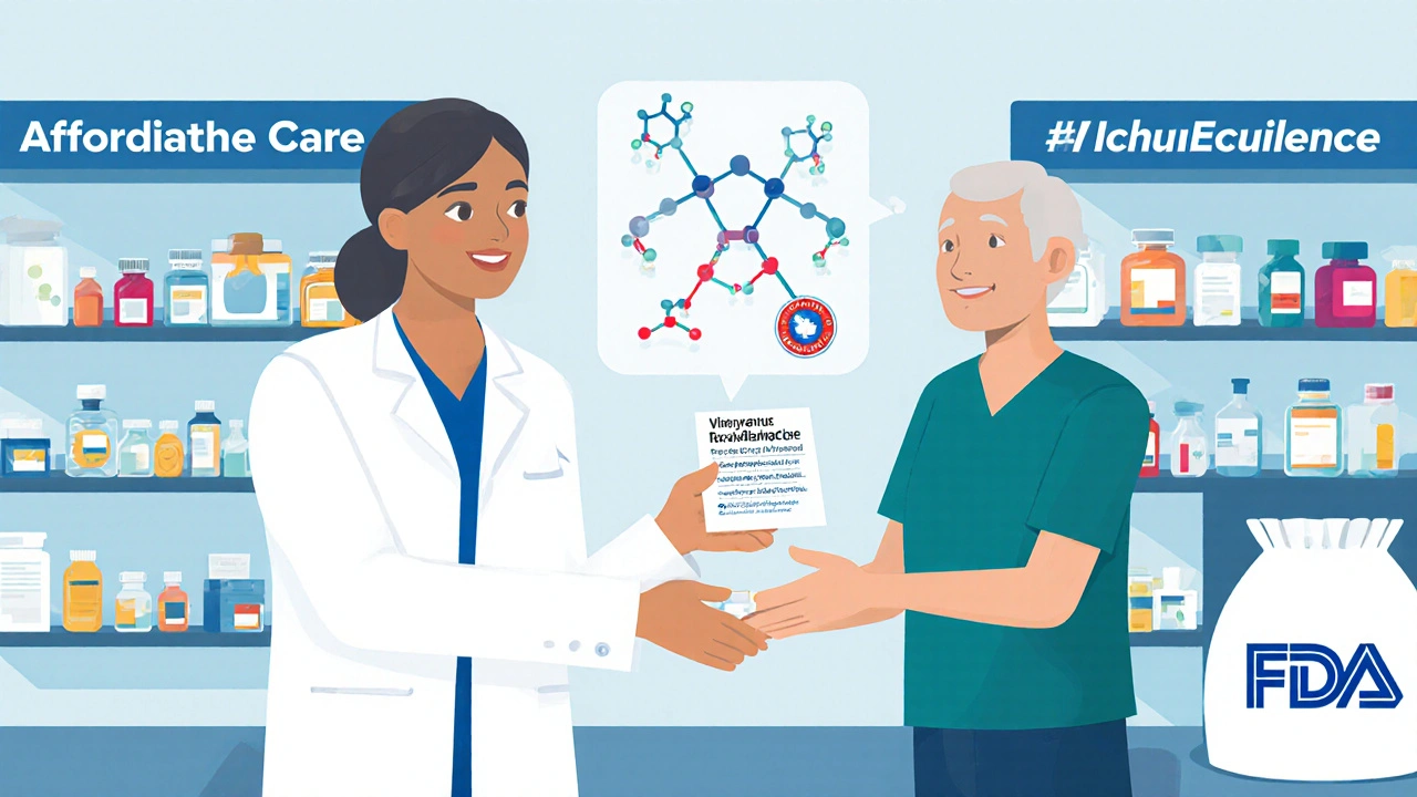 Pharmacist giving generic medication with scientific overlay showing drug equivalence