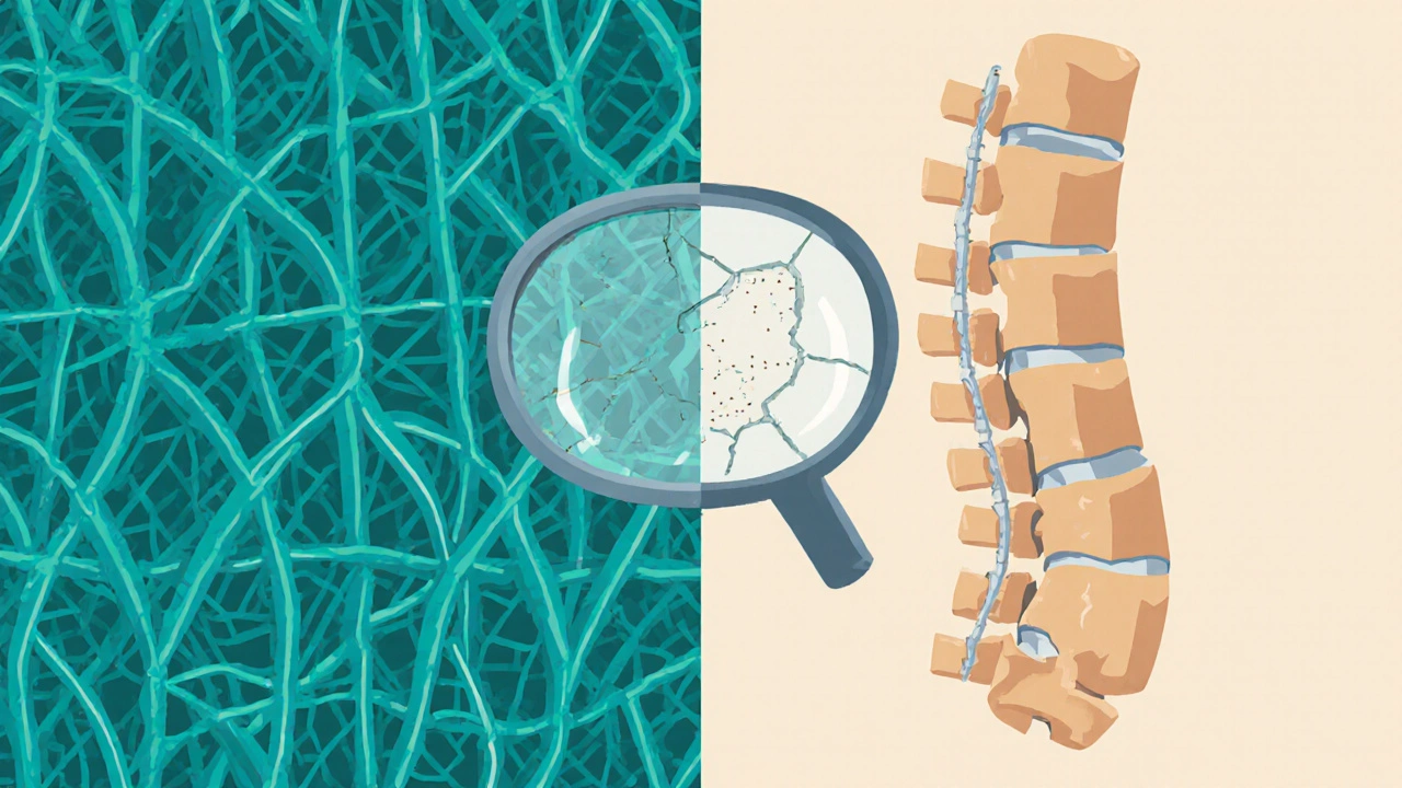 Side-by-side comparison of healthy and osteoporotic bone structure using flat design and color contrast.