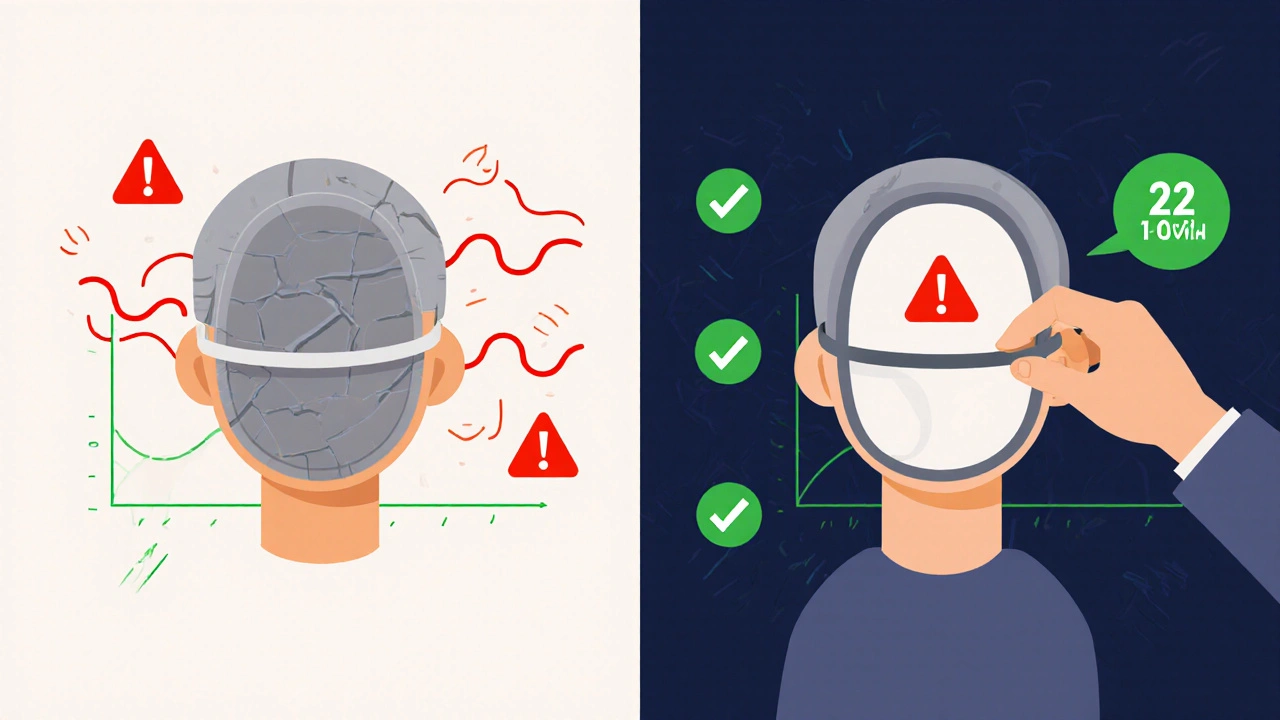Side-by-side of old leaking CPAP mask vs. new properly fitted mask with leak rate graph.