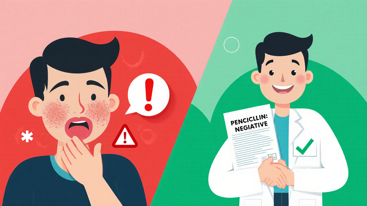 Split image: allergic reaction on left, negative penicillin test result on right.