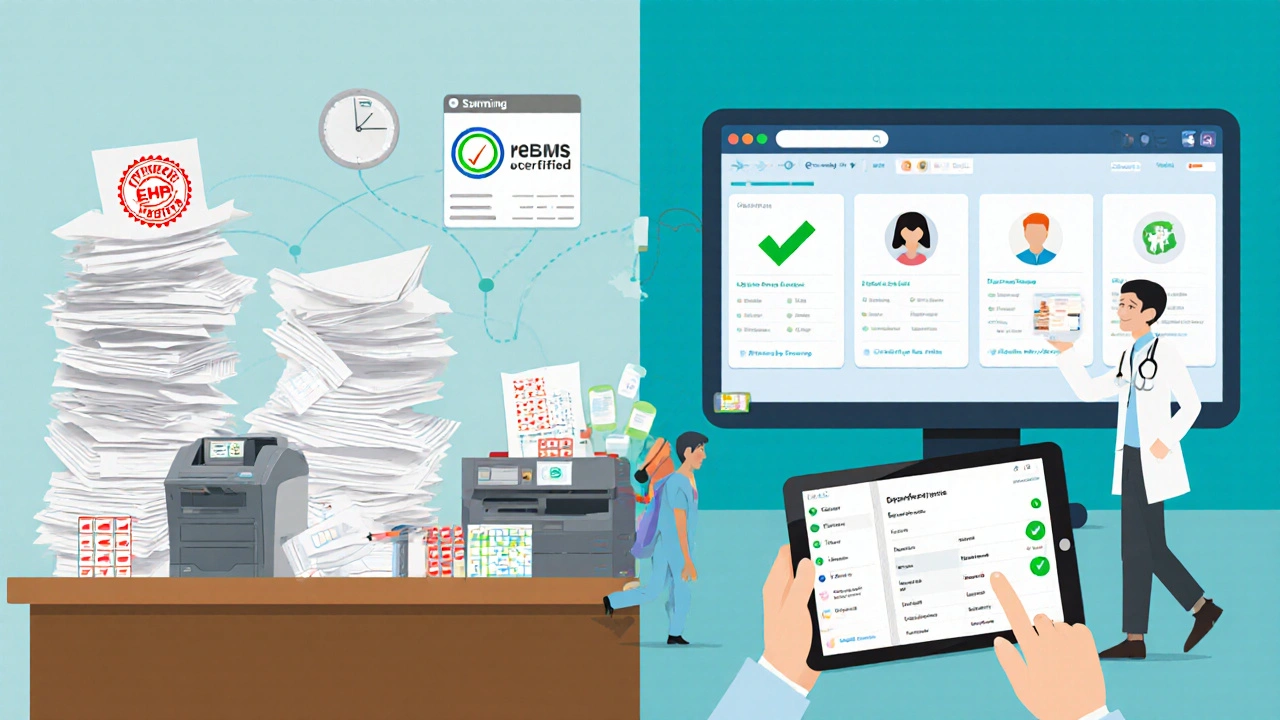 Split scene: chaotic paper-based REMS process vs. clean digital EHR system with automated alerts and a patient moving toward better care.