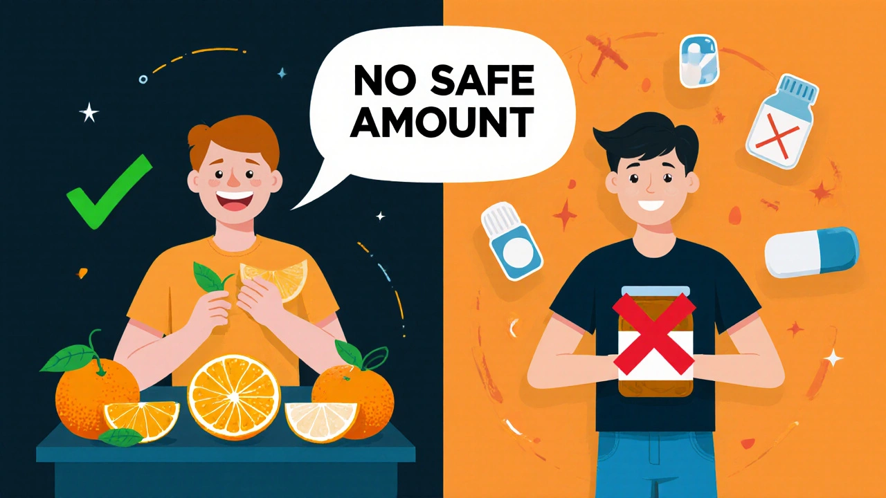 Split scene: safe sweet citrus on one side, dangerous pomelo and marmalade on the other with drug icons and a &#039;No Safe Amount&#039; label.