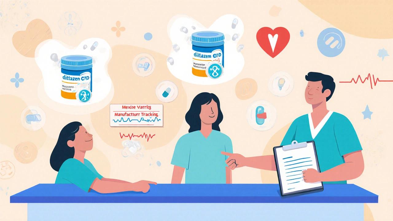 Three patients receiving differently colored generic pills at a pharmacy counter, with visualized dissolution differences above them.