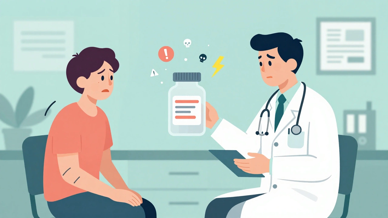 A doctor and patient in a clinic with a hovering medication bottle emitting warning icons.