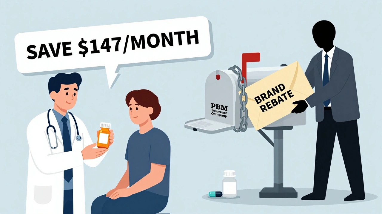 A doctor gives a patient a low-cost generic pill while a shadowy figure slips a rebate envelope to an insurance company.