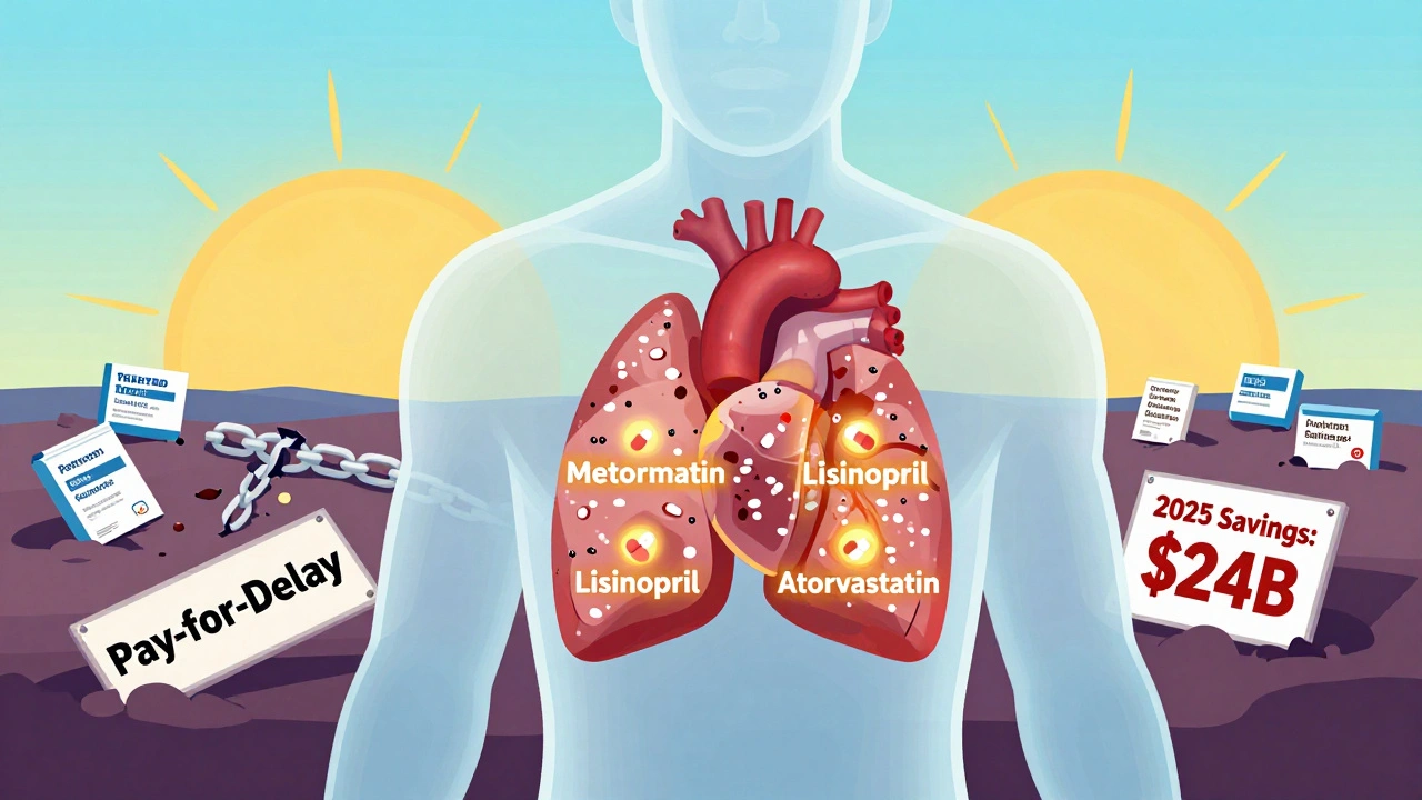 A transparent human body filled with generic pills, with broken patent chains at their feet and a sunrise of new generic drugs on the horizon.