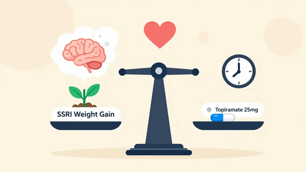 Balanced scale with weight gain on one side and topiramate pill plus brain and heart icons on the other.