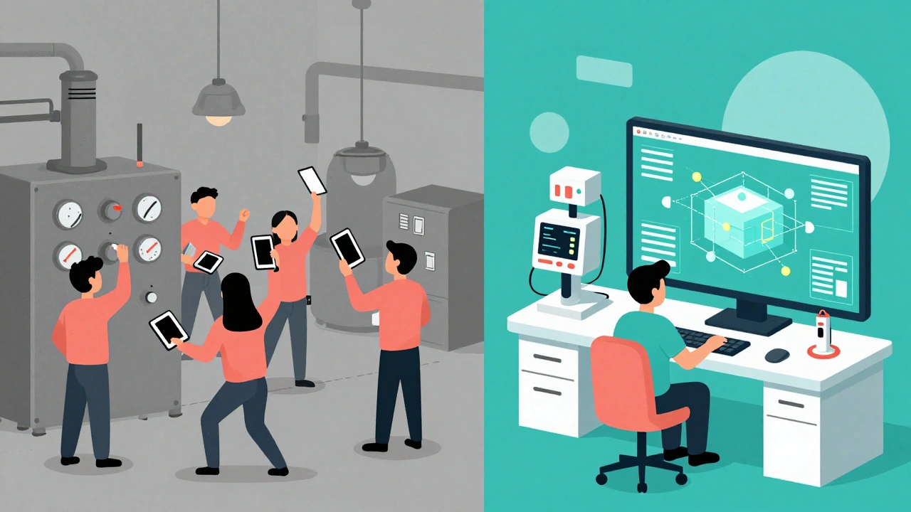 Contrasting cartoon scenes: chaotic traditional drug manufacturing vs. modern QbD-controlled process.