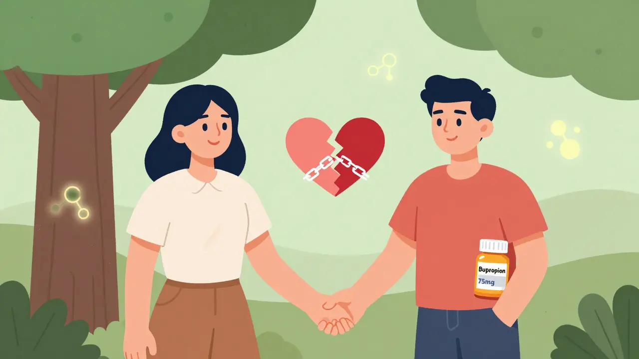 Couple holding hands with a bupropion pill in pocket, heart symbol between them representing restored intimacy.