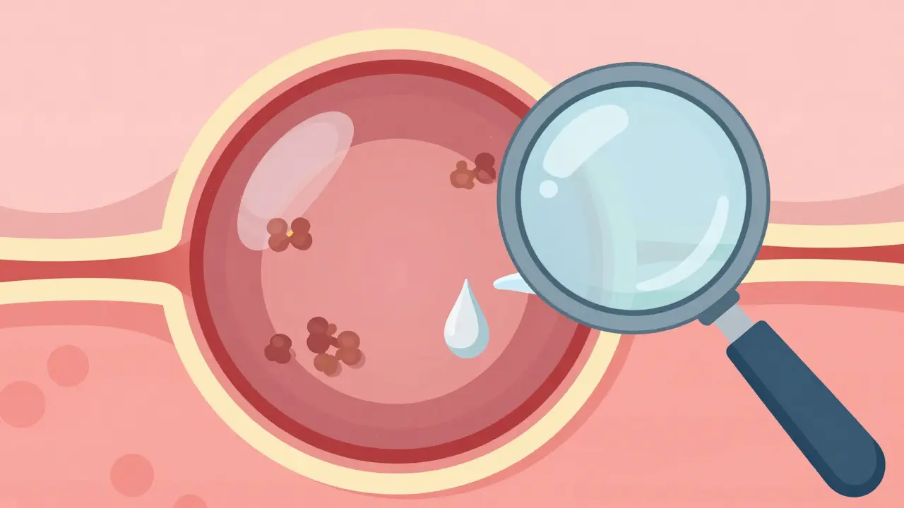 Cross-section of an eye showing vitreous pulling away from the retina with a small tear.