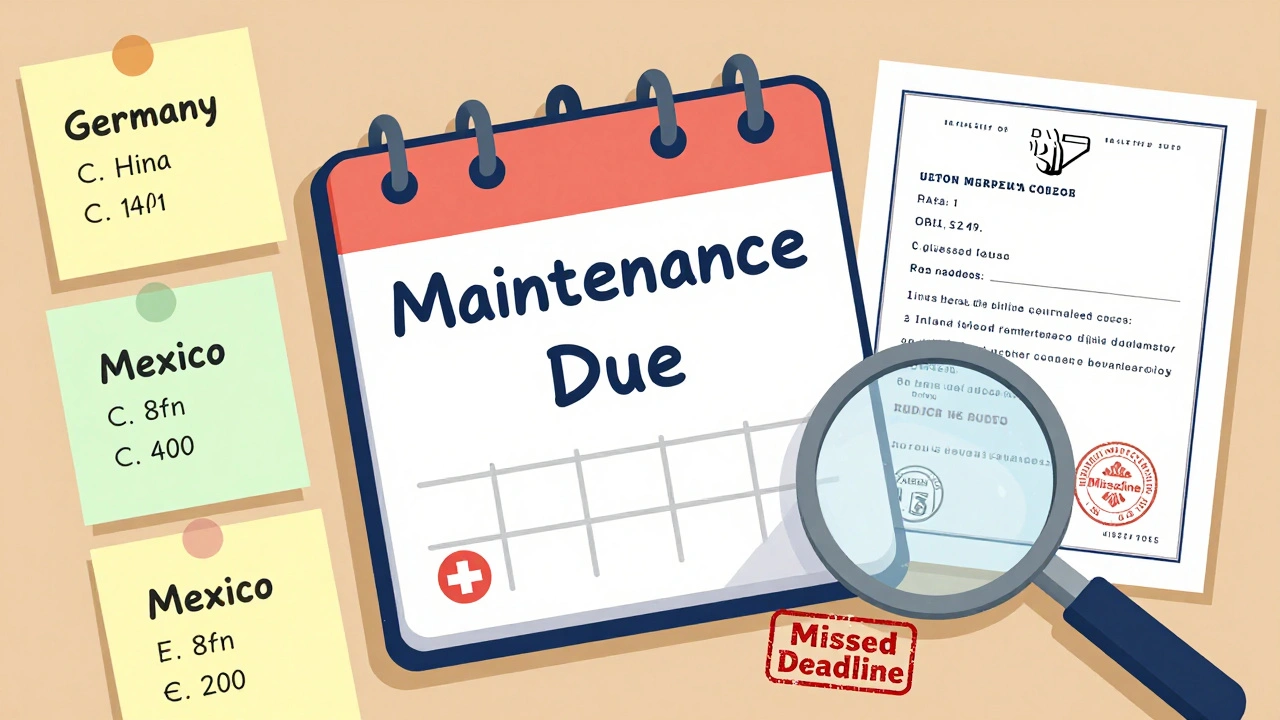 Desk with maintenance fee calendar, utility model patent, and missed deadline stamp for Brazil.