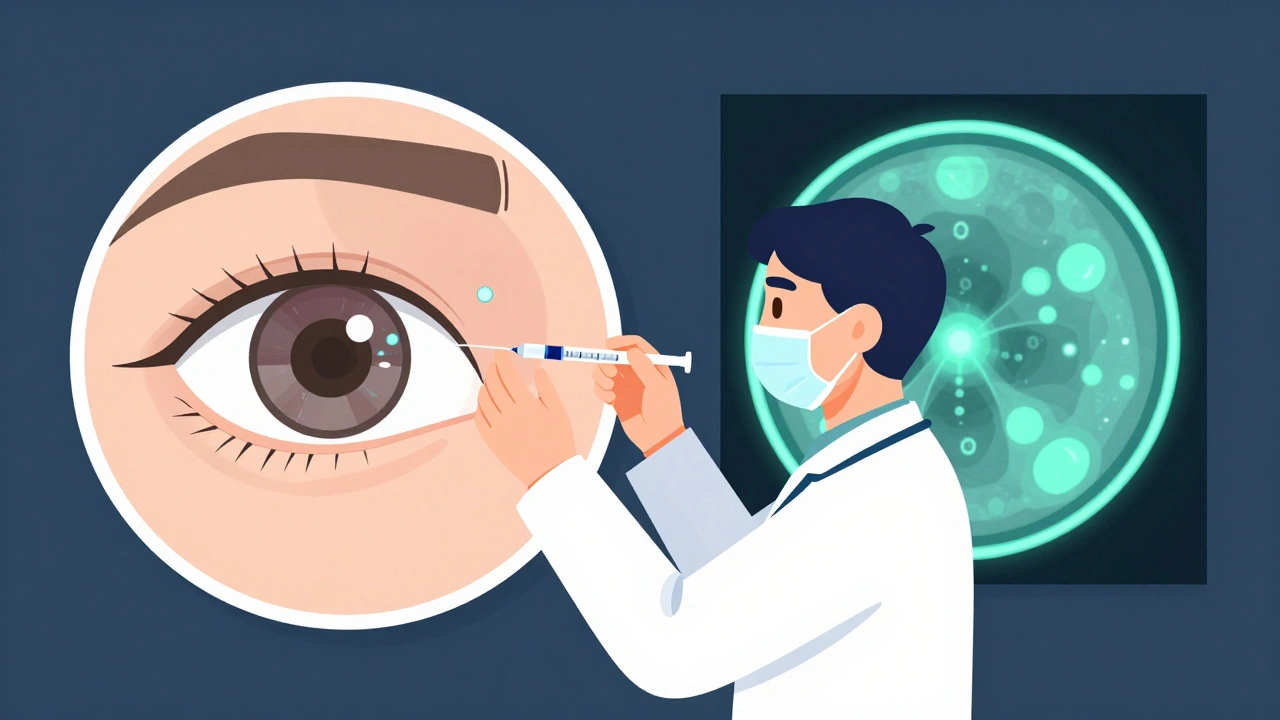 Doctor giving eye injection with OCT scan and anti-VEGF molecules visible