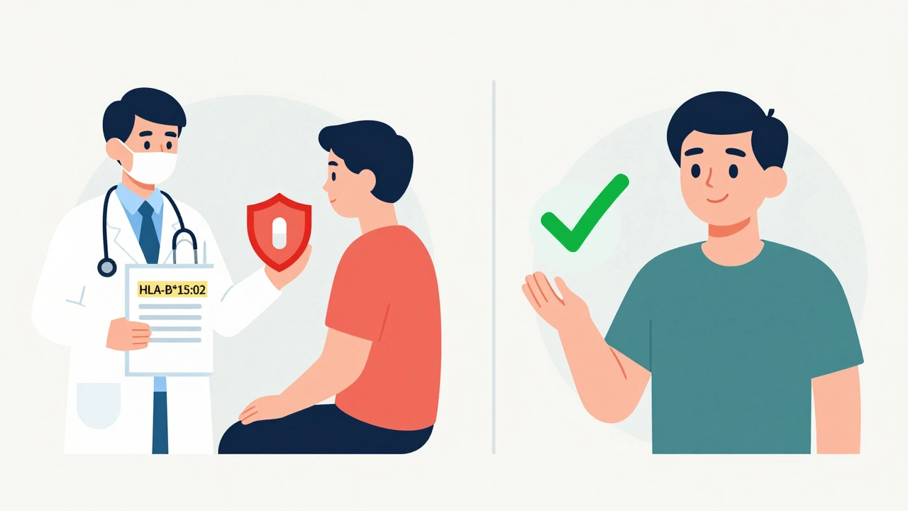 Doctor reviewing genetic test results as one patient avoids dangerous medication and another receives safe treatment