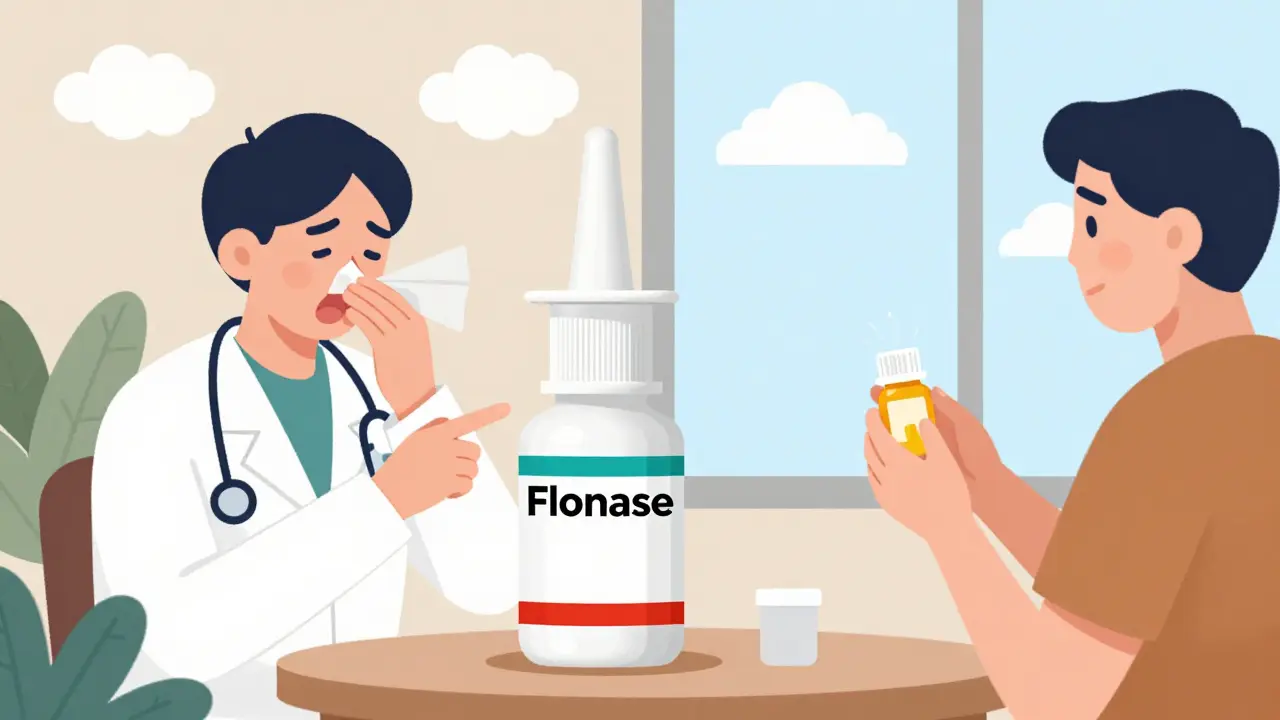 Doctor showing nasal spray as better alternative to pills, with split background of allergy symptoms vs. relief.