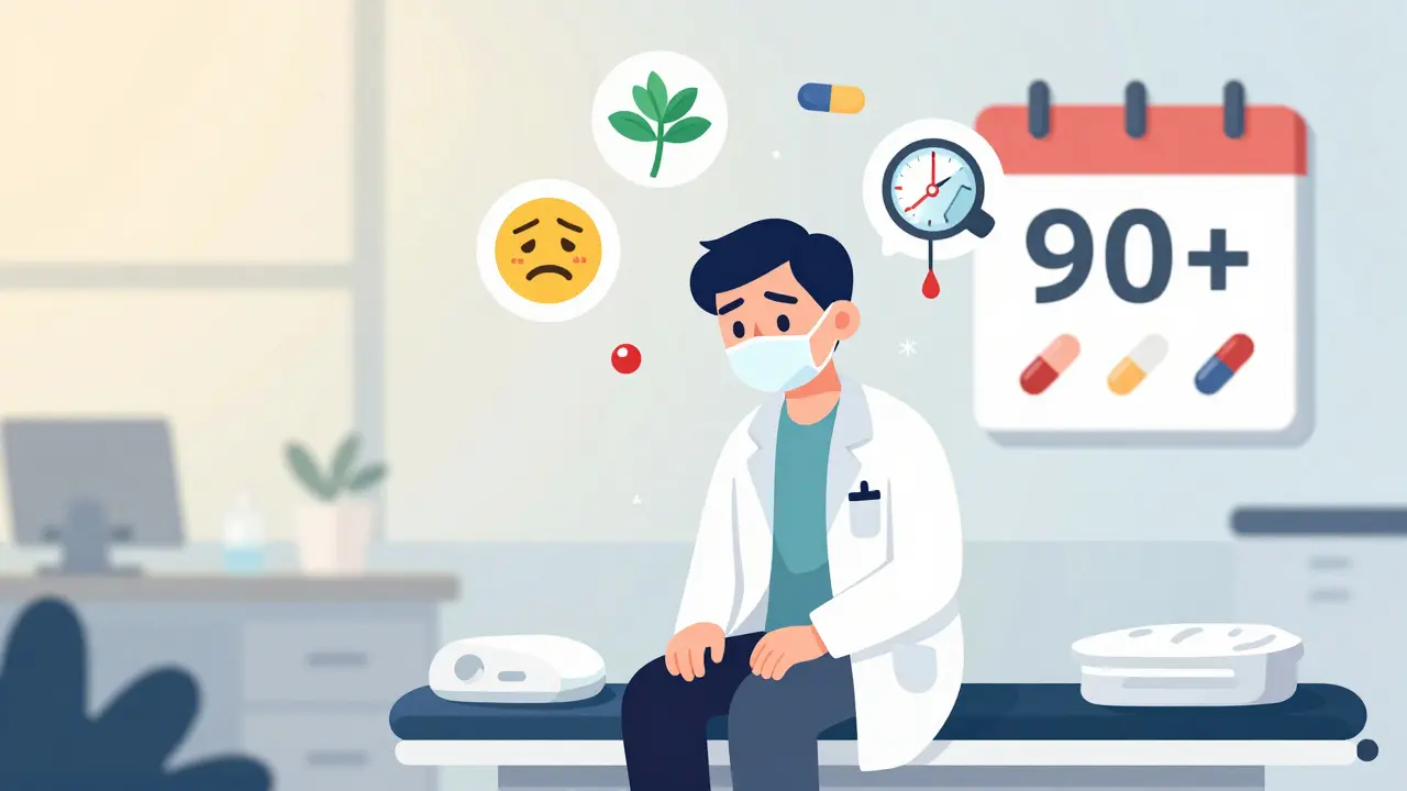 Exhausted patient with fatigue symptoms and opioid use timeline floating above