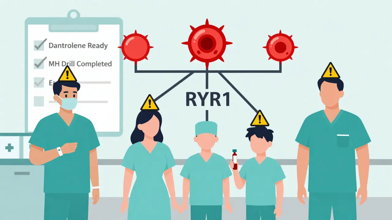 Family tree showing inherited RYR1 gene mutation with warning symbols and medical alerts connected to surgical patients.