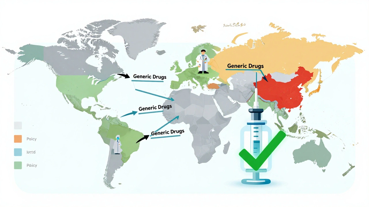 Global map showing generic drug flow from Asia to hospitals worldwide.