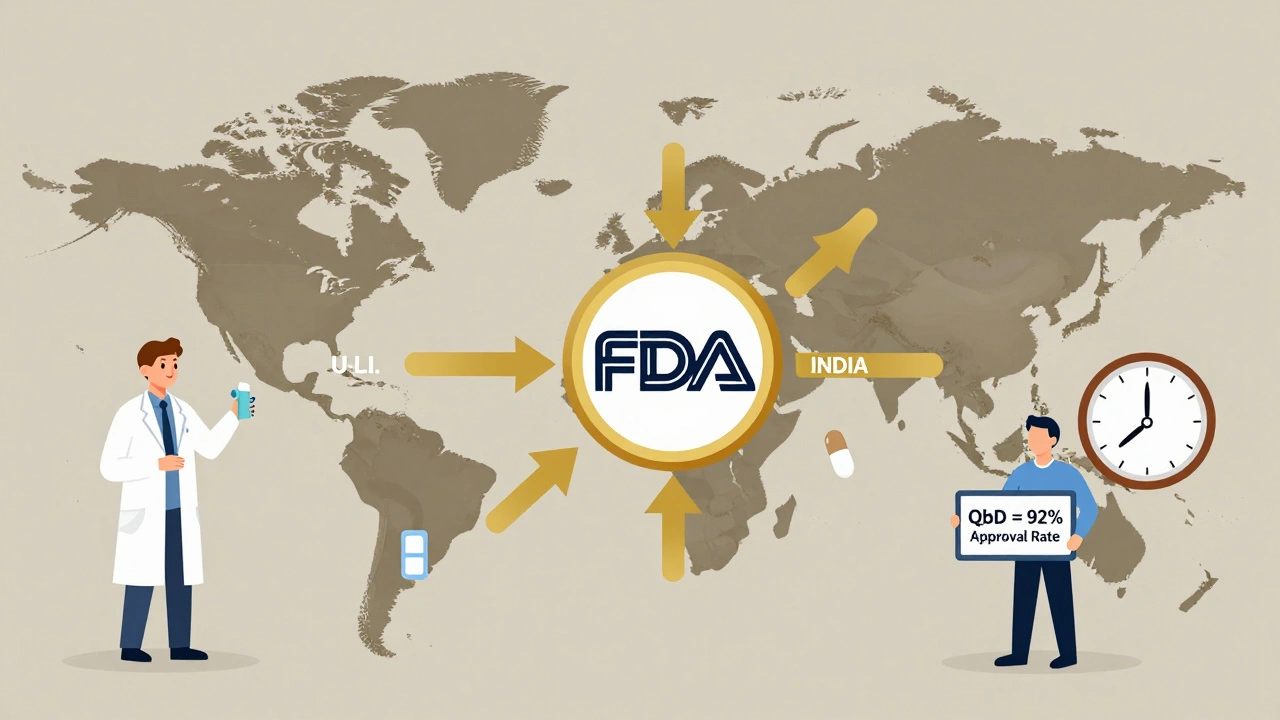 Global map showing QbD adoption in generic drug development with approval rate data and product types.