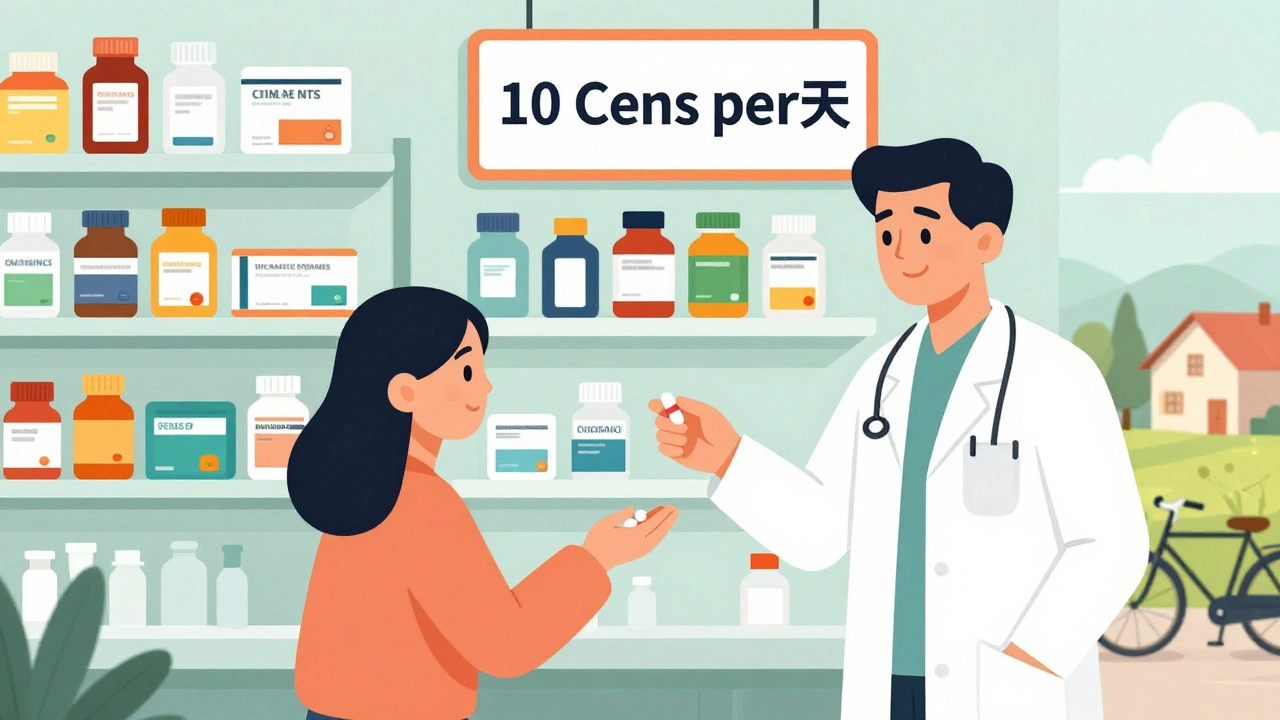 Indian doctor giving affordable generic pill to patient in rural clinic setting.