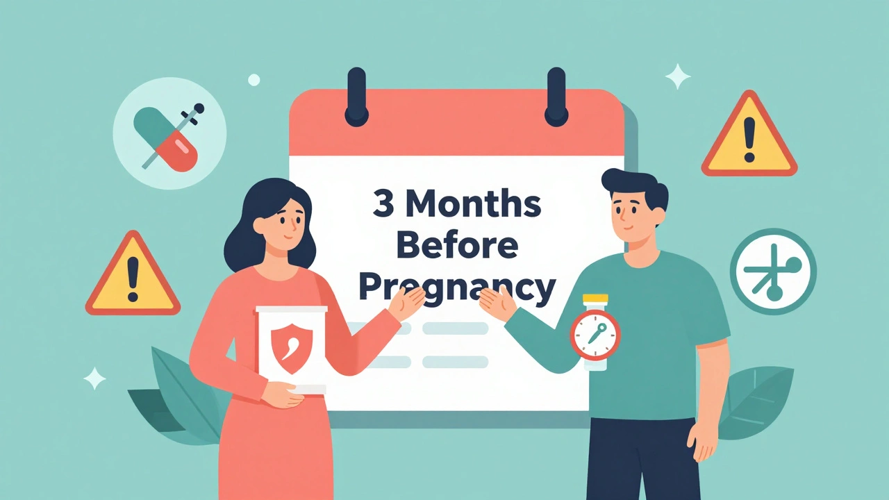 Man and woman preparing for pregnancy with fertility preservation tools and drug warning symbols.