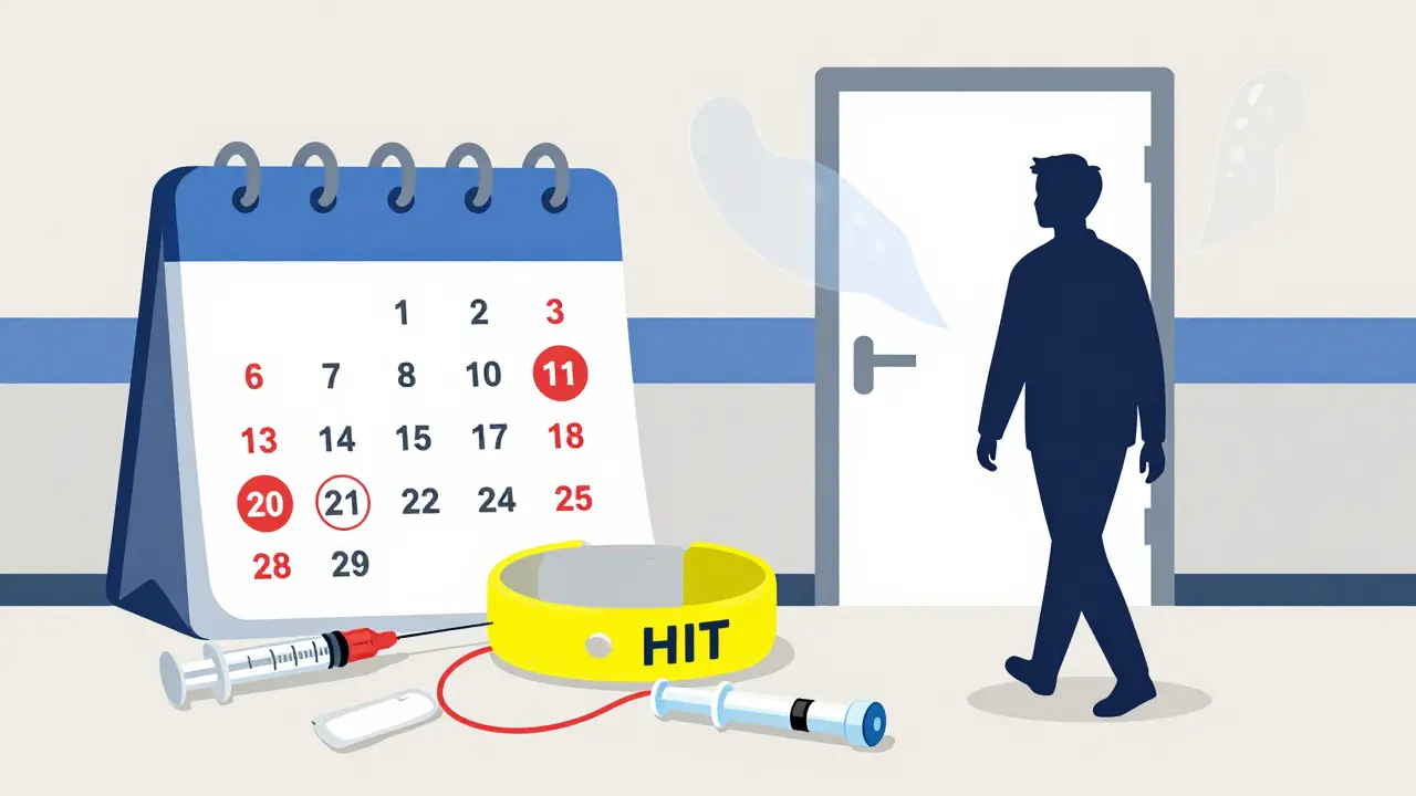 Medical alert bracelet and discarded heparin items beside a safe alternative medication.