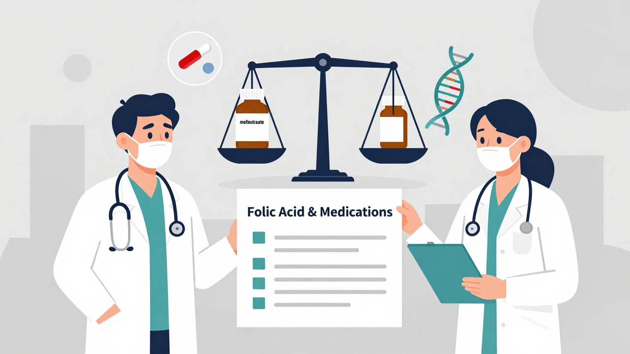 Medical team balancing medication icons and folic acid doses with a DNA strand, illustrating interactions during pregnancy.