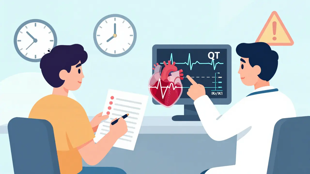 Patient and doctor reviewing an ECG with heart electrical blockage shown.