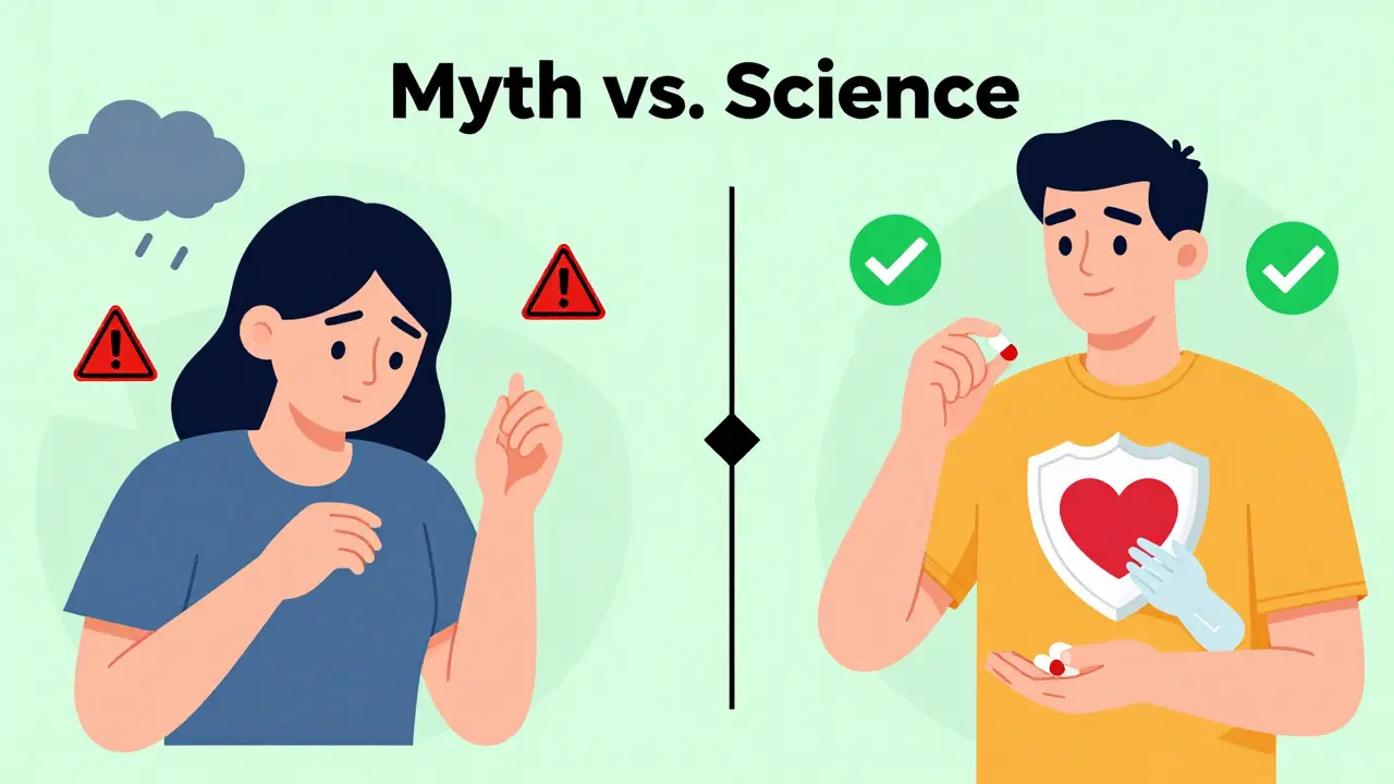 Patient choosing to keep blood thinner vs. stopping it, with safety symbols