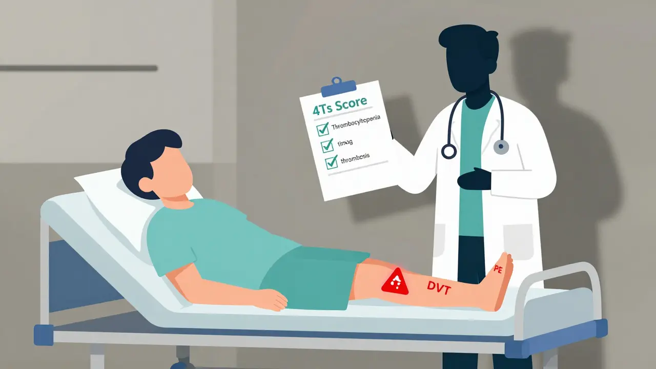 Patient with warning signs of DVT, PE, and skin ischemia, monitored by a 4Ts score checklist.