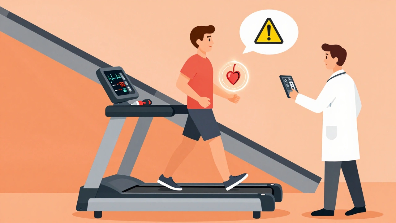 Person exercising on a treadmill while medical staff monitor heart data during a stress test.