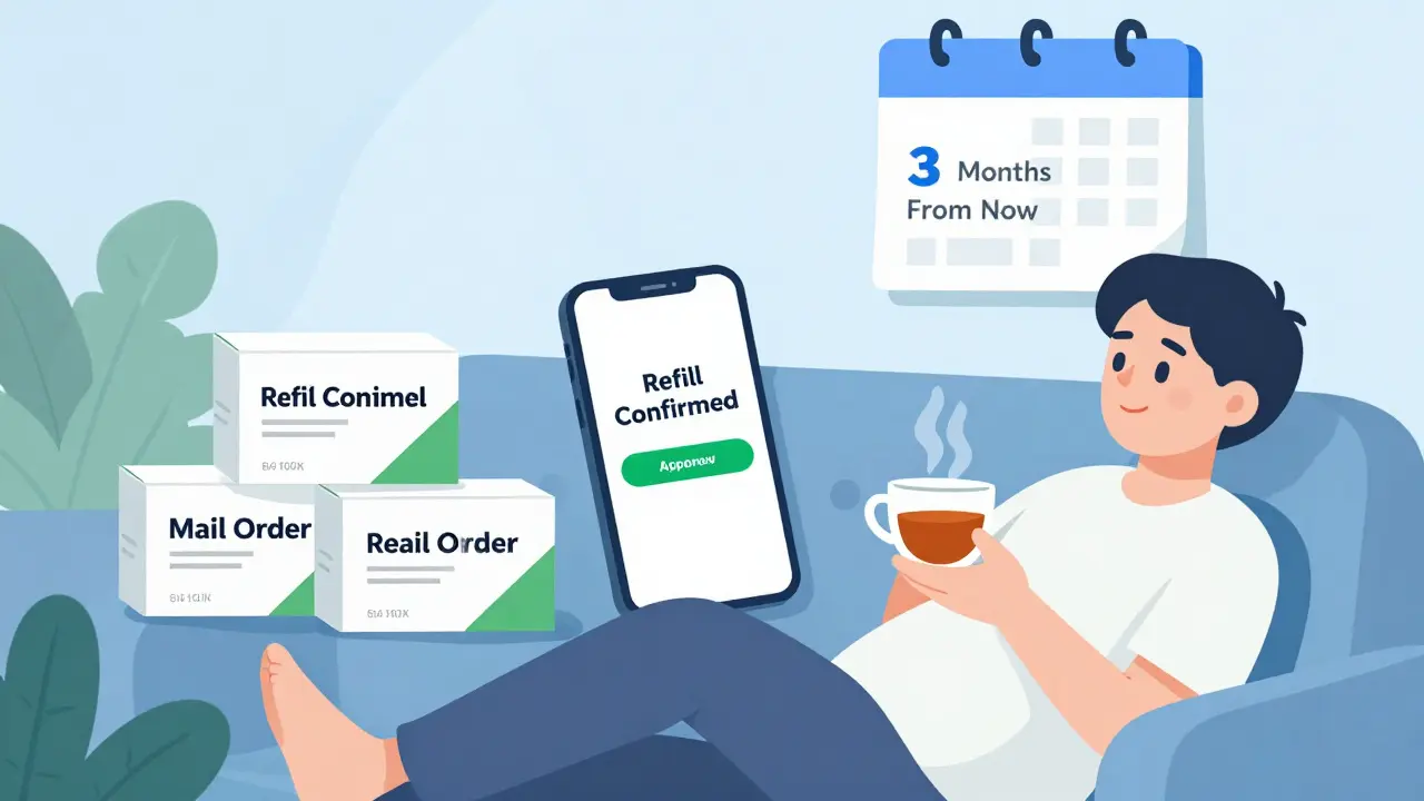 Person relaxing at home with three medication boxes and a phone notification confirming refill, calendar showing only one annual refill.