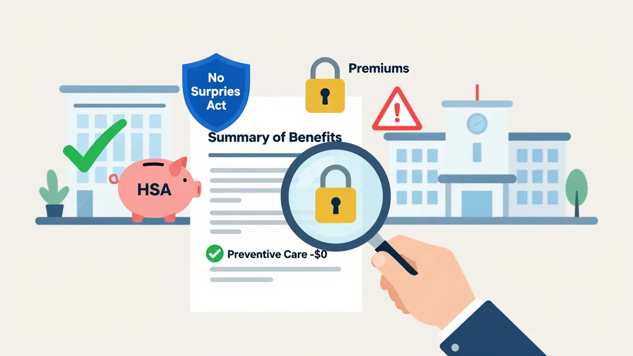 Person reviewing health plan details with icons for preventive care, HSA, and network warnings in flat design.